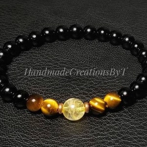 Citrine, Black Tourmaline & Tiger Eye Bracelet - 6mm/8mm Gemstone, Adjustable