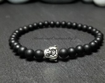 Shungite Bracelet, Buddha Bracelet, 6mm Black Onyx, STERLING SILVER .925 Buddha, Wrist Mala, Chakra, Meditation, Yoga Jewelry Men Women