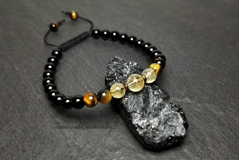 Black Tourmaline, Tiger Eye & Citrine Bracelet - 6mm Healing Chakra, Adjustable Wrist Mala - Jewelry for Men Women 