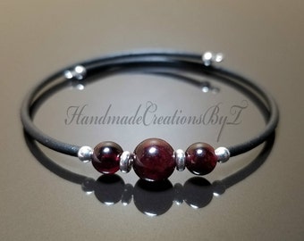 Garnet Bracelet, Gemstone, Sterling Silver, Womens, Simple Cuff Style Jewelry, One Size Fits All