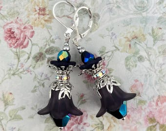 Midnight Bloom Lucite Flower Earrings: Fairy Bell-flower, Silver Filigree