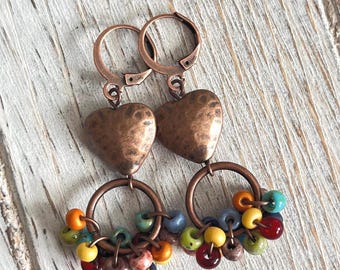 Artisan Copper Heart Dangle Earrings, Bohemian Style