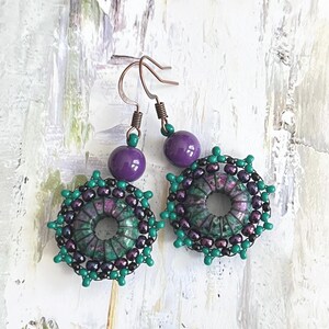 Ruby Zoisite Dangle Earrings: Czech Seed Bead Brick Stitch