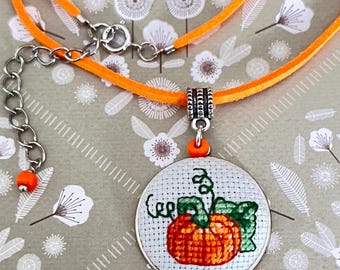 Handmade Embroidered Pumpkin Pendant Necklace/Autumn Jewelry/Fall Gift