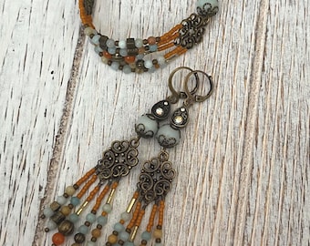 Conjunto Boho de Pulseira e Brincos de Lustre/Joias com Pedras Semipreciosas e Bronze Antigo