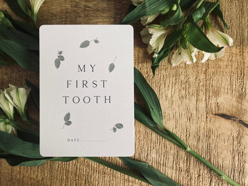 Pode incluir: Um cart&atilde;o branco com o texto "MY FIRST TOOTH" e um espa&ccedil;o para escrever a data. O cart&atilde;o &eacute; decorado com pequenas ilustra&ccedil;&otilde;es de folhas cinzas.
