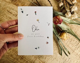First Birthday Card, Personalised Birthday Card, Little Girl Birthday Card, First Birthday Ideas, Keepsake Card, Dried Flowers