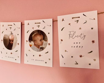 First Birthday Bunting, First Birthday Decorations, Personalised Photo Bunting, Girls Birthday, Birthday Party Decorations, Monthly Age