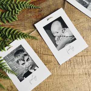 May include: Three black and white photos of a person at different ages, each with the word "forty" written below the photo.