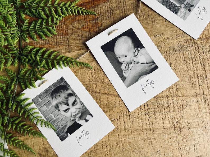 May include: Three black and white photos of a person at different ages, each with the word "forty" written below the photo.
