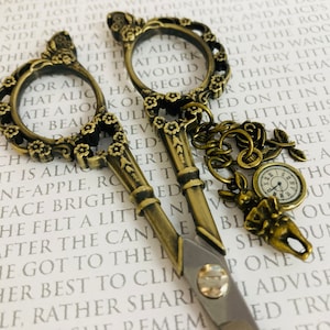 Alice in Wonderland - Flower Garden Scissors - Antique Bronze -  Alice, White Rabbit, Mad Hatter, Crafts, Scrap Book Gift, Book Lovers