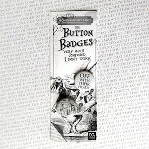 Alice in Wonderland - Off With Their Heads - Button Badge Set, Alice, Caterpillar, Mad Hatter, Badges, Literary Gift, Wonderland Quote