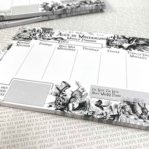 Alice in Wonderland Weekly Planner - Writing, Wonderland Quote, Mad Hatter, Alice, Cheshire Cat, Organiser, Note, Calendar, Literary Gift