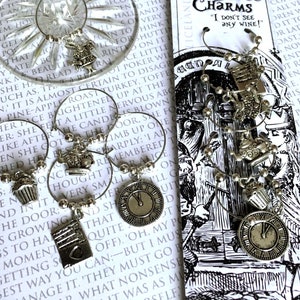 Alice in Wonderland - Wine Glass Charms - Silver Plate, Mad Hatter, Alice, White Rabbit, Tea Party, Steam Punk, Wine Glass, Drink Me, Charms