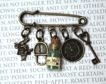 Alice in Wonderland Giant Pin Brooch - Antiqued Bronze, Drink Me, Charms, Kilt Pin, Lewis Carroll, Mad Hatter, Steam Punk, Alice, Jewelry