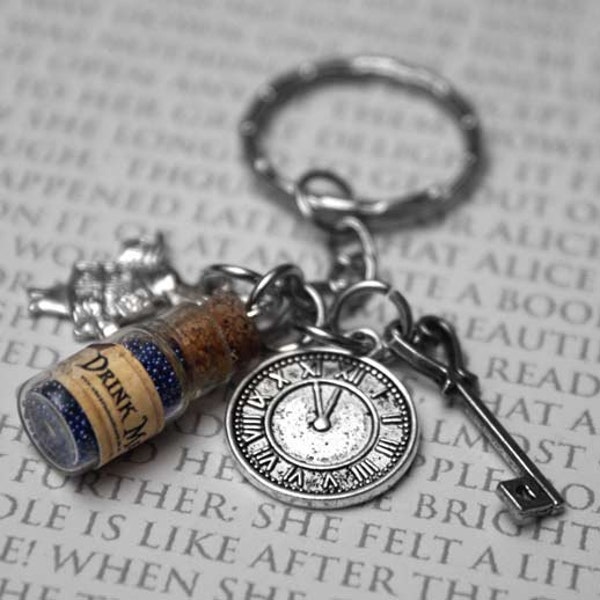 Alice in Wonderland Charm Keyring - Antiqued Silver Plate, Drink Me, Charms, Lewis Carroll, Alice, Mad Hatter, Steam Punk, Keychain, Keyring