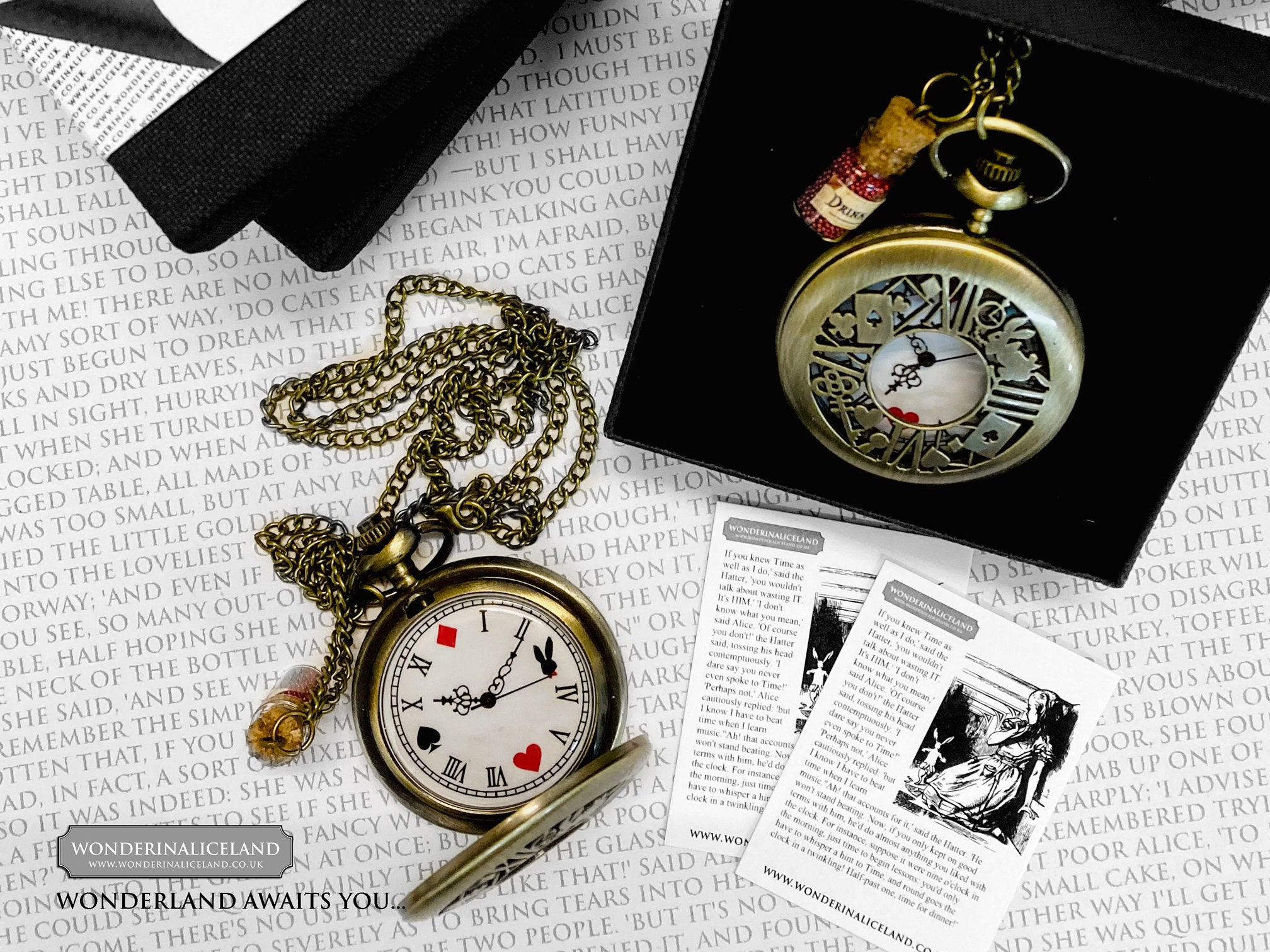 Alice in Wonderland Antique Style Full Size Pocket Watch on Necklace With  Charm FREE Gift Box/pouch 