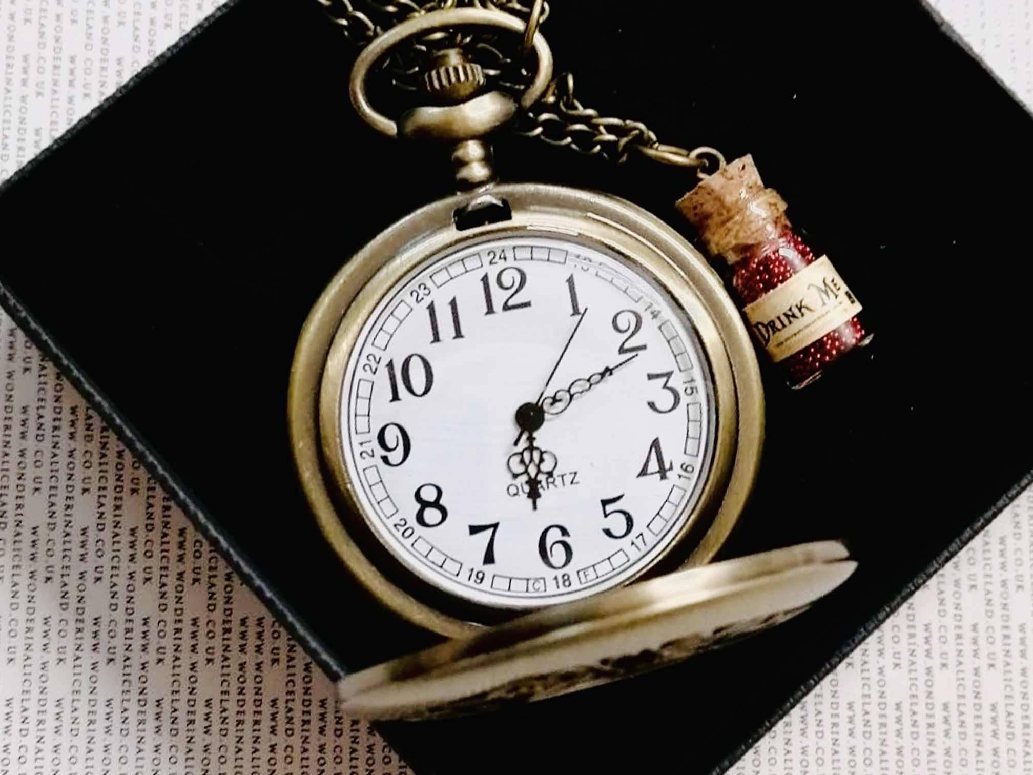 Mini Tea Glass Pocket Watch Alice in Wonderland Drink Me Pendant Gifts for  Kids