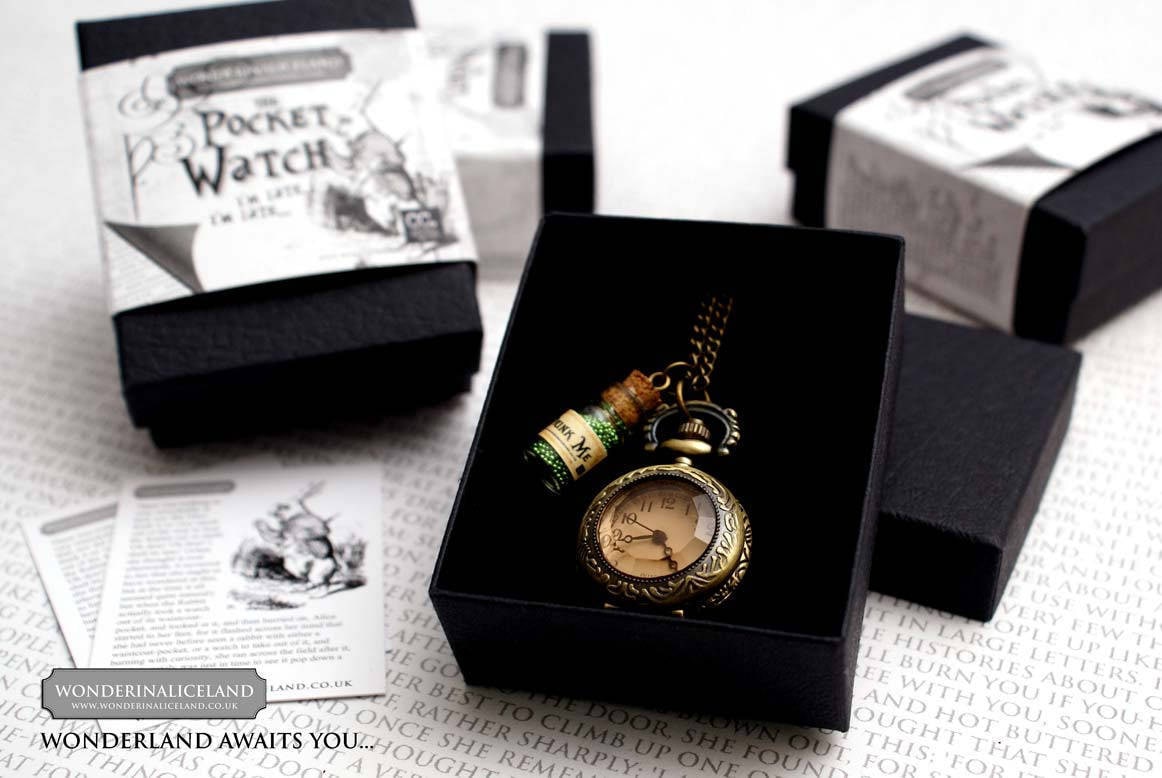 Alice In Wonderland Drink Me Antique Bronze Pocket Watch Necklace - Tree  House Books