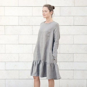 Natural linen dress with lambada skirt and side pockets. Wide linen dress. Washed soft linen dress. Women's dress.