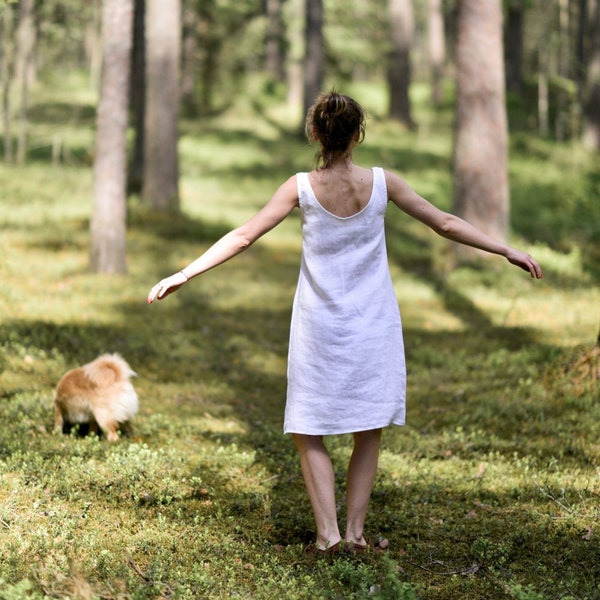 Robe en lin doux lavé | Robe femme | Robe simple | Tunique longue minimale | Tissu naturel respectueux de l'environnement | Robe longueur genou | Sans manches