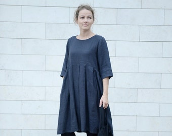 Comfy Linen Dress / Summer Linen Dress / Wide Linen Dress / 3/4 Sleeves Linen Dress / Pleated Linen Dress | Oversized Linen Dress