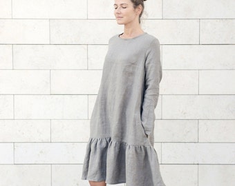 Natural linen dress with lambada skirt and side pockets. Wide linen dress. Washed soft linen dress. Women's dress.