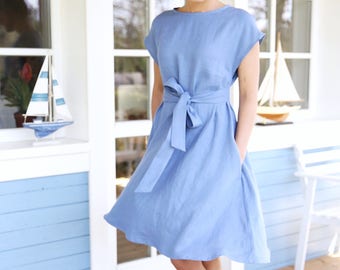 Women dress with wide skirt and waist ribbon. Loose dress with side pockets and separately belt. Romantic Dress, Linen Clothing, Fit - Flair