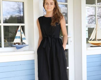 Elegant Linen Dress / Long Maxi Dress / Washed Soft Linen / Maternity Dress / Women‘s Linen / Black Linen