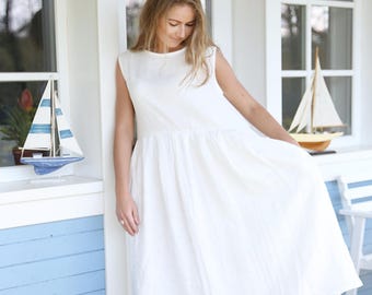 White linen dress/ Oversized linen dress/ Smock linen dress/ Loose linen dress/ Long linen dress/ Wide Linen Dress/ Pleated Linen Dress