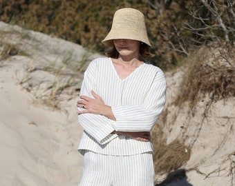 Striped linen blouse. 3/4 sleeve linen top.  Basic linen top. Oversized, loose-fit linen shirt. Handmade, washed linen top. Japanese Tunic