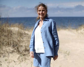 Oversized Washed Linen Shirt, Long Sleeve Collar Blouse