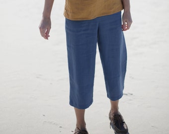 Culotte, Pantaloni di lino Culotte, Pantaloni corti in stile giapponese, Pantaloni con tasche, Vita elastica, Pantaloni Capri, Vita a vita media, Pantaloni larghi di lino,