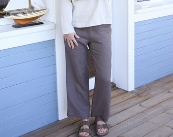 Straight Leg Linen Pants, Relaxed Fit Trousers with Pockets