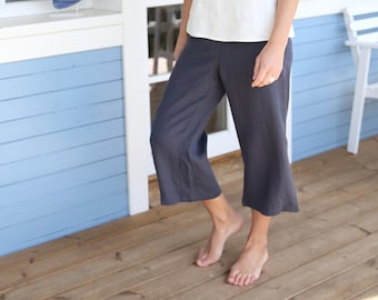 Culottes, Linen Culottes, Wide linen pants, Linen pants, Culotte linen pants, Japanese style short pants, Elastic waist, Mid rise Waist