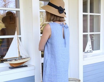 French Linen Dress In Denim With Bow, A Line Dress, Bow Dress, Linen Midi Dress, Washed Linen, Sleeveless Linen Dress, Side Pockets, Denim