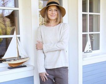 Handmade Natural Linen Blouse, Long Sleeve Oversized Shirt