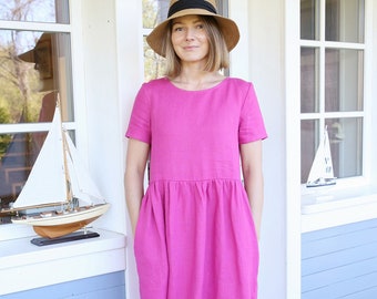 Washed Linen Midi Dress with Pockets, Short Sleeve Boho A-Line