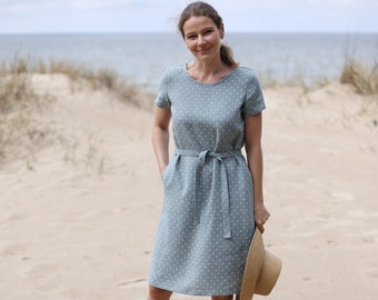 Polka Dot Linen Dress, Short Sleeve Midi Dress with Belt