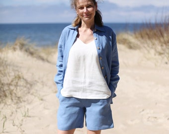 Wide Leg Linen Shorts, High Waisted with Pockets