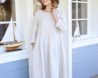 Long Sleeve Linen Maxi Dress, Boho A-Line Clothing with Pockets