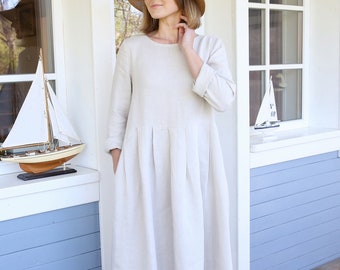 Long sleeves linen dress, Linen Clothing with pockets, Bellow-the-knee-length, Loose-fit summer dress, Boho Maxi Dress,  A Line Dress