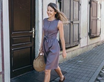 Elegant Linen Dress / Midi Linen Dress / Maternity Dress / Sleeveless Dress / Dress with Pockets | Dress with Belt | Tight Dress | Gift idea