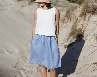 Denim Washed Linen Midi Skirt | Elastic Waist, Pockets