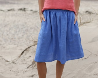 Bellow The Knee Length Linen Skirt With Elastic Waist | Washed Linen Skirt With Pockets | Wide Skirt |  Midi Linen Skirt | Mid Rise Waist |