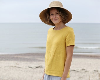 Washed Linen Short Sleeve Blouse, Soft Linen Top