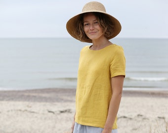 Short Sleeve Linen Blouse. Basic Linen Top. Linen T Shirt. Washed soft linen top. Women's shirt. Loose linen blouse. Linen Tshirt