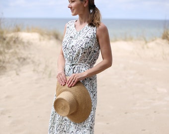 Sleeveless Linen Dress with Belt | V Neck A-Line, Side Pockets