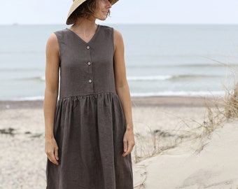 Sleeveless Handmade Linen Dress, Maternity Dress, Wide Fit Linen Tunica, Pleated Linen Dress, Drop Waist Dress, Plus Size Dress