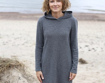 Hoodie Wool Dress | Hoodie Knitwear | Natural Wool  Dress | Comfy Dress | Wide skirt Dress | Dress With Belt | Occasional Dress |